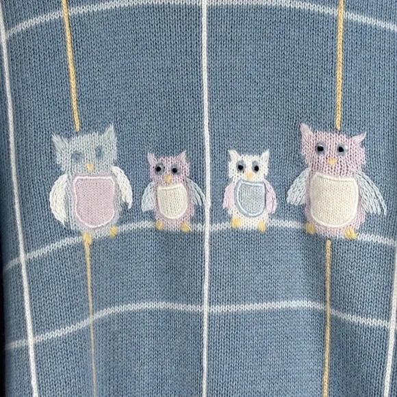 VTG 90s Granny Sweater L Embroidered Owl Hand Knit Windowpane Cottage Blue Twee - Picture 2 of 10